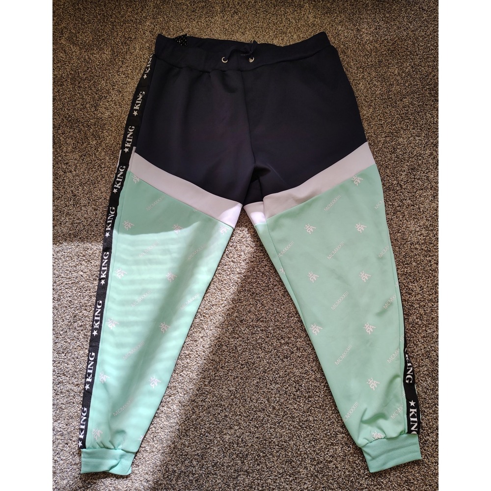 MCMXXXIII Mens 5X Colorblock Jogger Pants Black Mint Green King Logo Streetwear